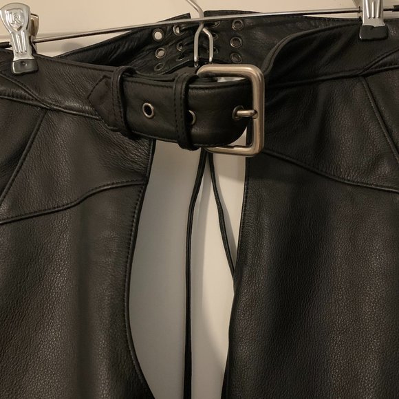 Harley Davidson Womens Black Leather Lined Chaps Pockets Adjustable Waist Small - Picture 7 of 12